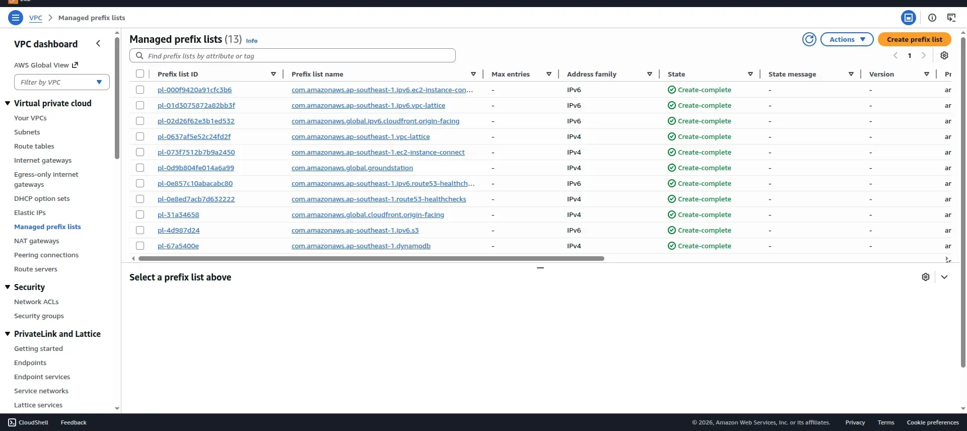 Managed prefix lists in the VPC console — maintained by AWS