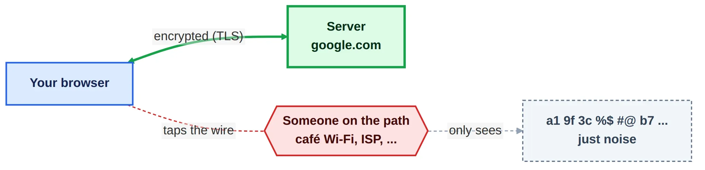 Figure 5 — Inside the TLS tunnel the bytes are encrypted; anyone tapping the wire just sees noise